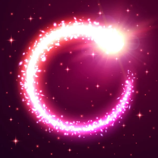 Glödande vortex bakgrund med partiklar och stjärnfall. Festlig rosa och violett ram. Firar magiska ljus abstrakt komet svans cirkel. Bård med kosmiska meteor. Holiday vektorillustration. — Stock vektor