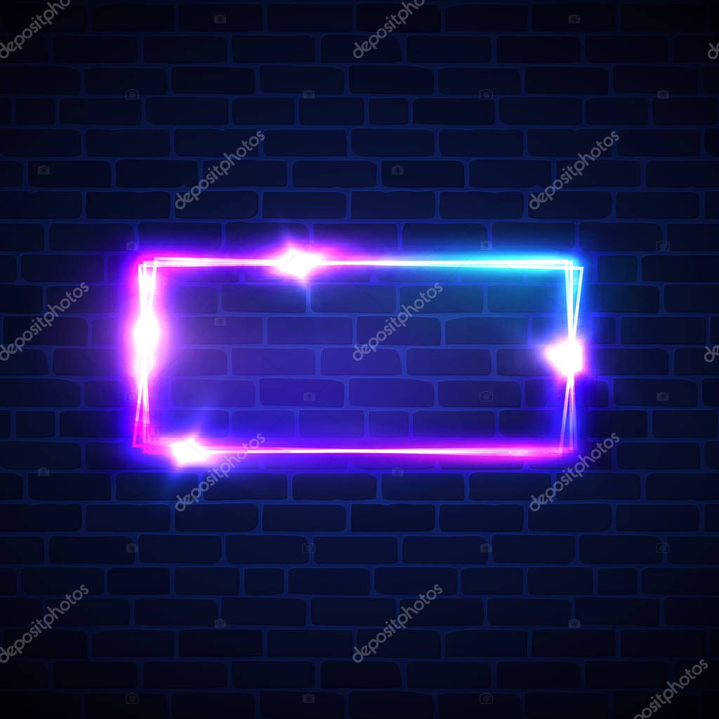 Neon signage. Rectangle frame with glowing. Electric bright 3d street sign banner on dark brick texture wall. Abstract square background with neon lights flare and sparkle. Vintage vector illustration