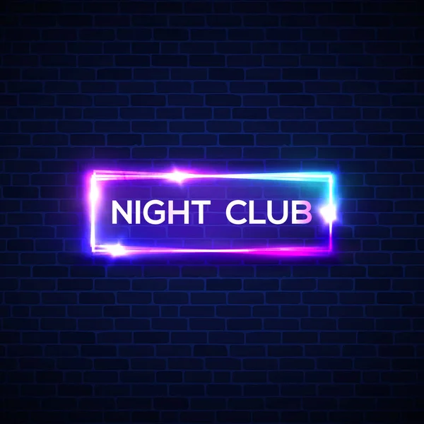 Night club neon jel-ra téglafal. 3D retro könnyű izzó indítótárcsa-val neon hatása tégla ház. Techno keret a sötét hátteret. Elektromos utcai banner. Színes vektoros illusztráció a 80-as évek stílusát — Stock Vector