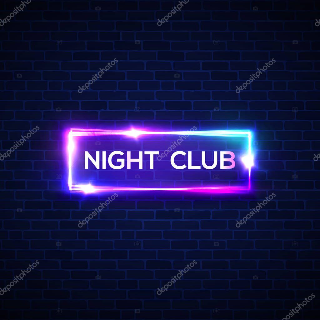 Night club neon sign on brick wall. 3d retro light bar glowing signage with neon effect on brick house. Techno frame on dark backdrop. Electric street banner. Colorful vector illustration in 80s style