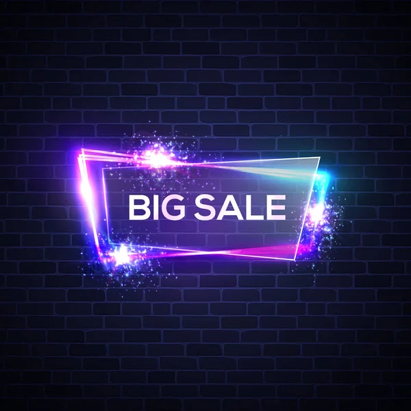 Glowing neon letters Big sale on glass transparent plate. Shopping neon sign with neon light, explosion, firework on brick texture. Night club electric techno frame. 3d discount vector illustration. — Stock Vector