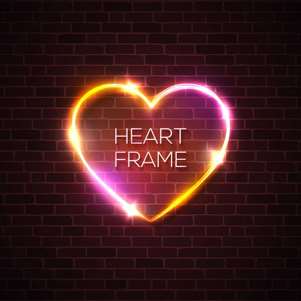 Night club pink red heart neon realistic sign. 3d retro light signage with shining neon effect. Techno frame with glow on dark brick texture wall background. Electric banner. Color vector illustration — Stock Vector