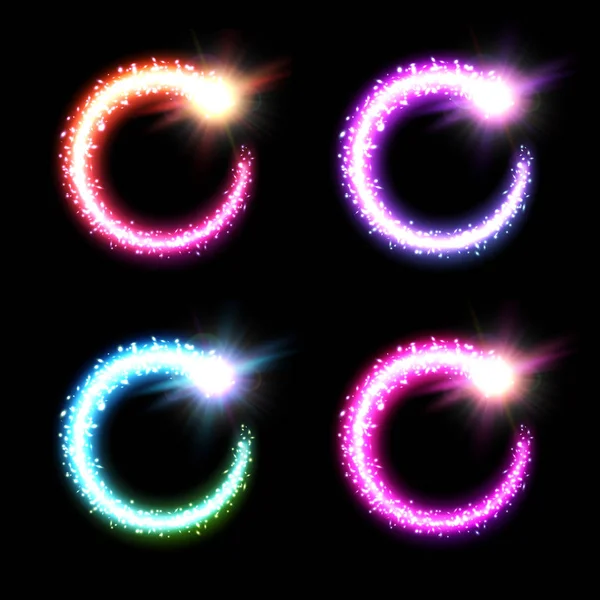 Elementos de fondo de luz navideña establecidos sobre fondo negro. Círculos abstractos decorativos marco pack. Colección de cometas redondos mágicos de colores navideños con cola de sendero brillante. Ilustración vectorial brillante . — Vector de stock