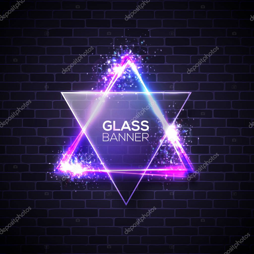 David star. Neon sign. Triangle with textured transparent glass plate. Glowing electric abstract frame on brick wall background with light, glow. Bright vector illustration with flares and sparkles.
