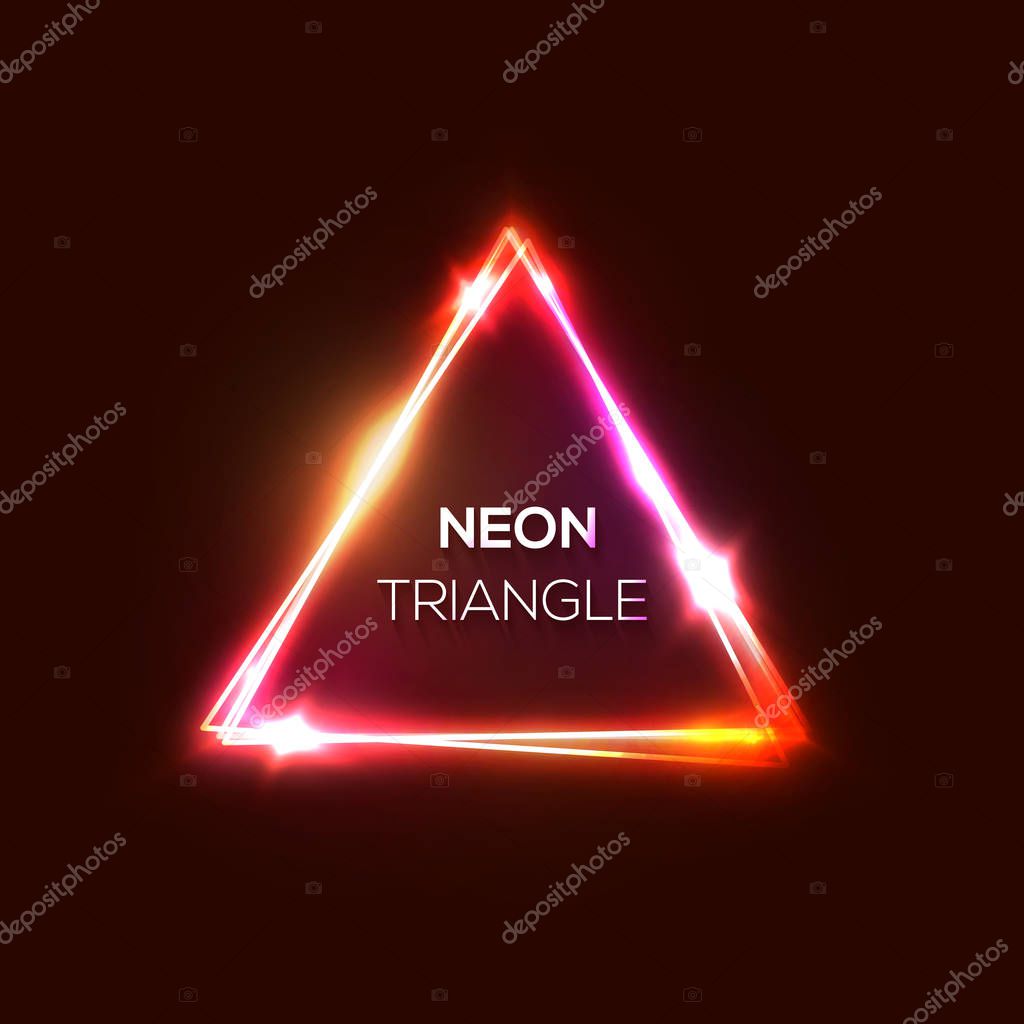 Neon sign. Red pink abstract triangle background. Electric power technology led lights frame. Electrical wire triangle logo with electricity flash flare sparkle. Glowing color vector illustration.