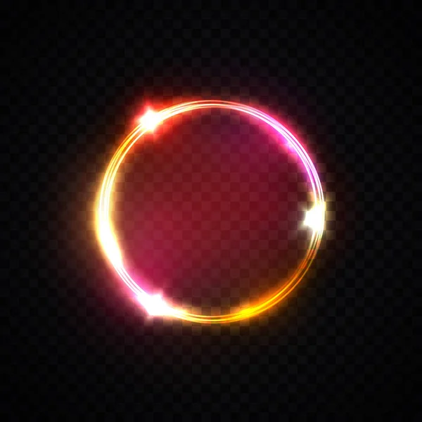 Красное розовое желтое неоновое кольцо. Светлый круг на прозрачном фоне. Круглая энергетическая рамка. Волшебная лампа. Абстрактная электрическая геометрическая форма. Рамка неоновых фонарей. Яркая векторная иллюстрация . — стоковый вектор