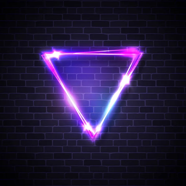 Inverted triangle border with light effects on brick texture wall. Neon sign with blank space for text. Electricity led triangle background. Electric vector illustration for your business presentation — Stock Vector