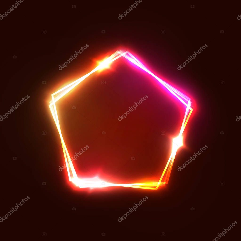 Neon sign. Red shining pentagon background with blank space for text. Glowing electric abstract frame on dark backdrop. Light banner. Pentagon logo. Bright vector illustration with flares and sparkles