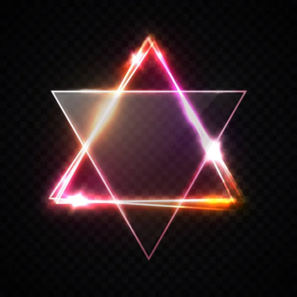 Judiska David stjärna design på transparent bakgrund. Röd neon glödande geometriska triangel form ram. Glödande abstrakt bakgrund. Hebreiska bibliska judendomen symbol. Israel stjärna. Ljusa vektorillustration. — Stock vektor