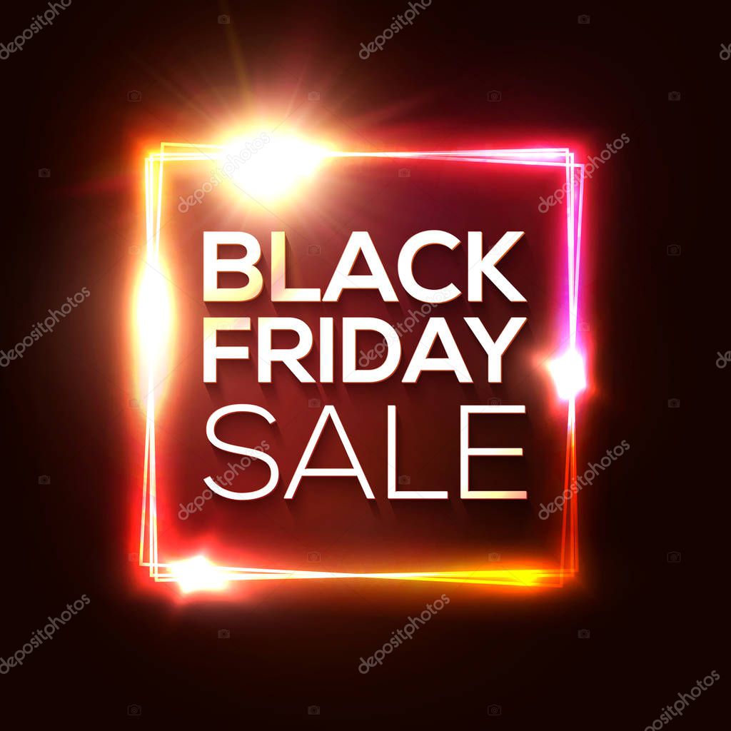 Black friday sale banner. Advertising Christmas red poster. Glowing neon background. Black friday design template. Electric led light rectangle frame. November discount. Laser logo vector illustration