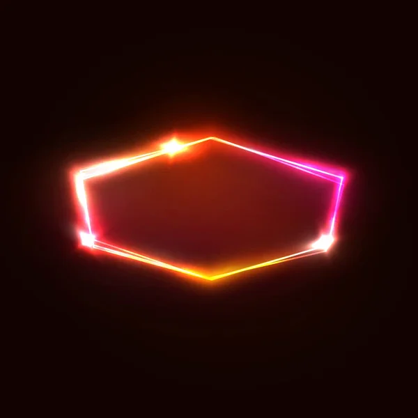 Hexágono de luz de neón sobre fondo rojo oscuro. Forma geométrica hexagonal eléctrica roja, rosa y amarilla con destellos y destellos eléctricos. Ilustración vectorial brillante . — Vector de stock