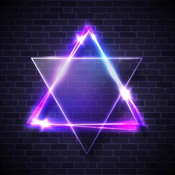 Hebreiska bibliska judendomen symbol. Israel stjärna. Judiska David stjärna design på blå tegel bakgrund. Neon glödande geometriska triangel form ram. Glödande abstrakt bakgrund. Ljusa vektorillustration. — Stock vektor
