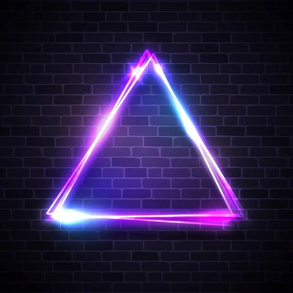 Triangle background on brick texture wall. Neon lights street sign with blank space for your design. Electric led light effect. Night club casino bar cafe signage. Bright vector illustration. — Stock Vector