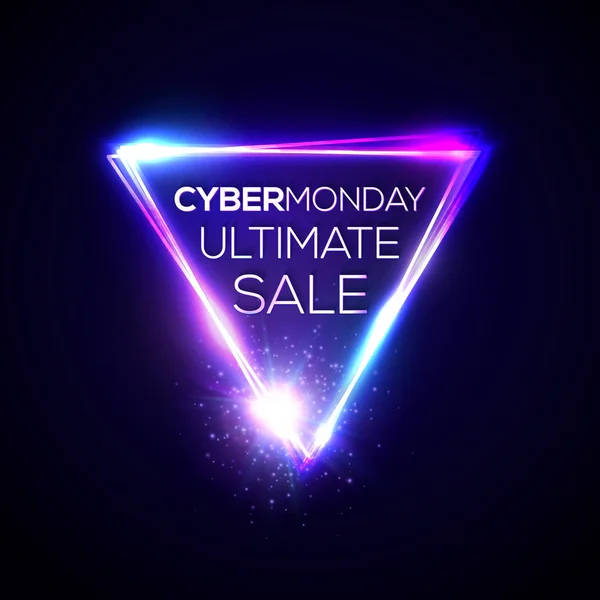 Cyber Monday última venta de texto en neón brillante triángulo signo sobre fondo azul oscuro. Marco led eléctrico brillante. Plantilla de diseño de banner o volante. Cyber Monday background. Ilustración vectorial nocturna . — Archivo Imágenes Vectoriales