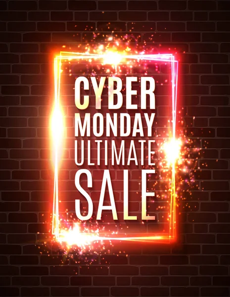 Banner Cyber Monday en la pared de ladrillo rojo. Último fondo de venta. Señal de neón de calle rectángulo. Plantilla de diseño Cyber Monday con texto publicitario. Ilustración vectorial brillante con bengalas y destellos . — Archivo Imágenes Vectoriales