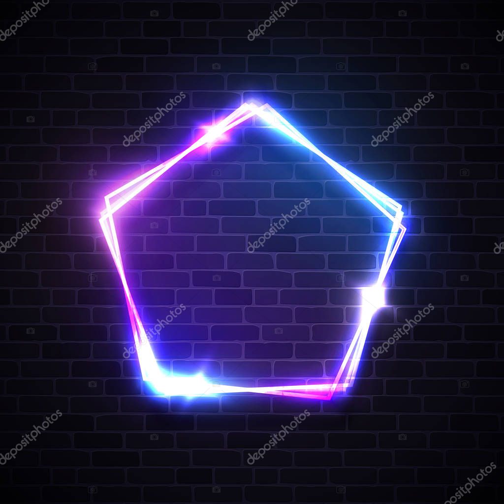 Neon light pentagon background with blank space for your text. Glowing electric abstract frame on dark brick wall. Pentagon shape banner. Glow logo. Bright vector illustration with flares and sparkles