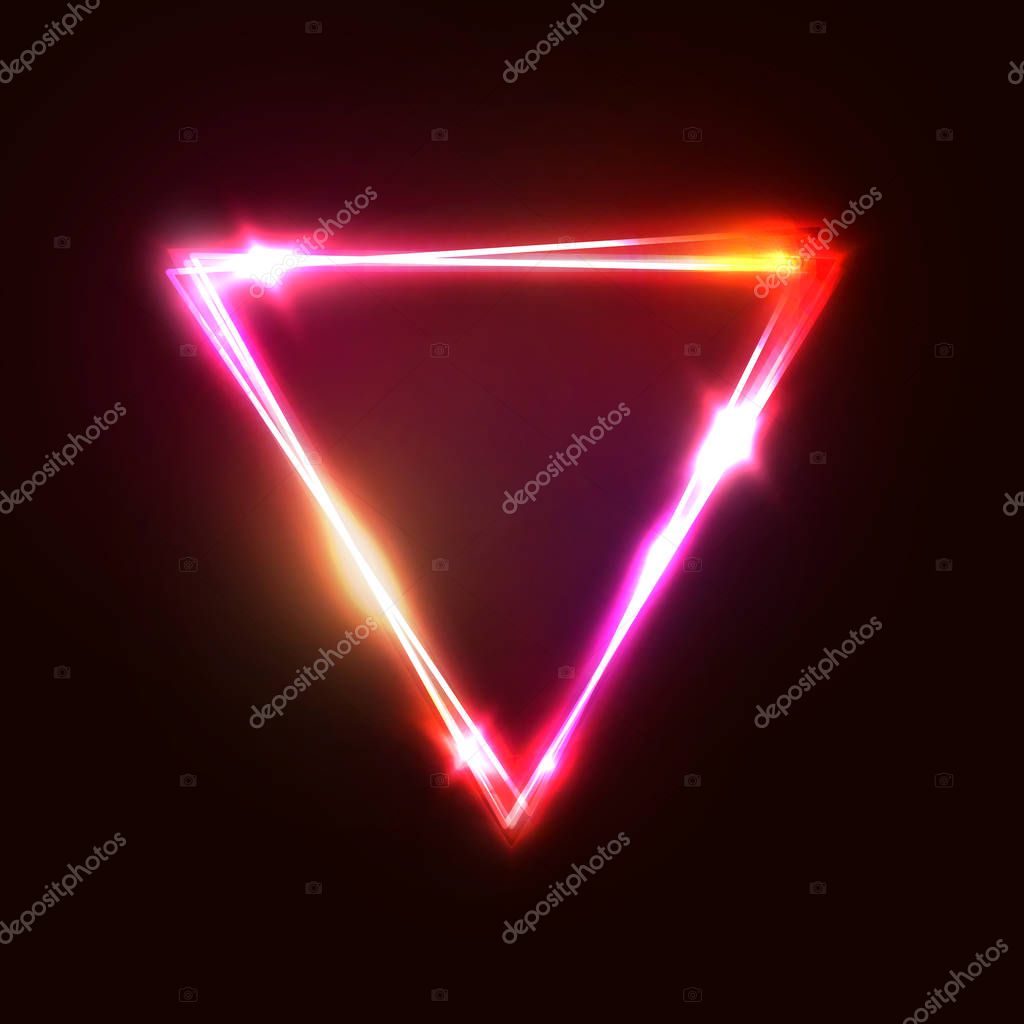 Upside down triangle background. Neon sign vector illustration. Pink red yellow romantic glamour backdrop with blank space for text. Glowing shining triangle design for banner flyer brochure template.