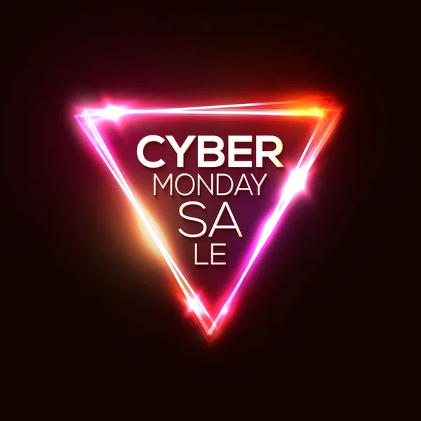 Letrero de neón del Cyber Monday. Punto de venta. Fondo abstracto del triángulo. Tarjeta de descuento puntero. Forma geométrica sobre fondo rojo oscuro. Cyber Monday venta de texto de diseño publicitario. Ilustración del vector de color . — Archivo Imágenes Vectoriales