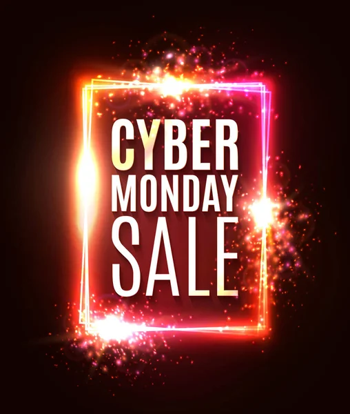 Cyber Monday venta de neón signo. Fondo de rectángulo láser abstracto con destellos de explosión de luz. Cartel cuadrado brillante sobre fondo rojo oscuro. Plantilla de diseño de banner. Ilustración del vector de color — Archivo Imágenes Vectoriales