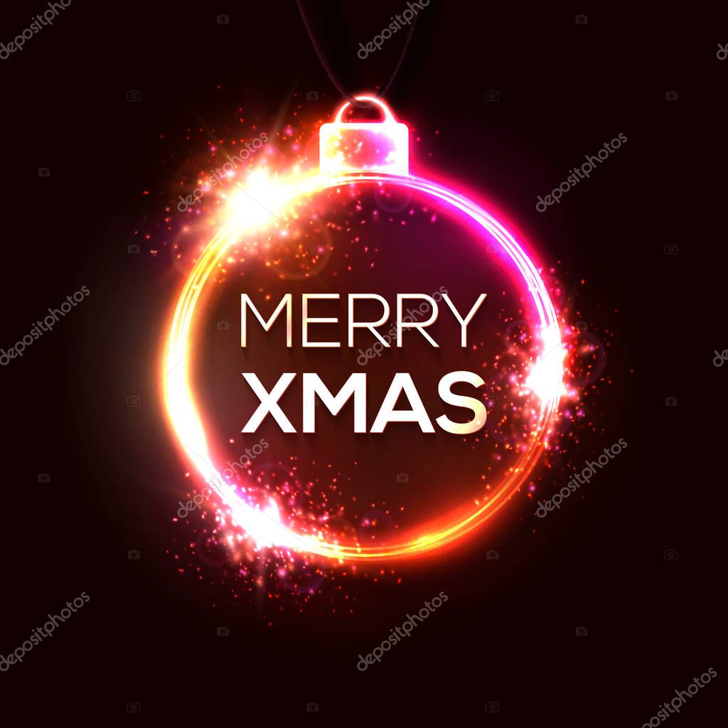 Merry Xmas neon sign, bright signboard, light banner. Christmas and Happy New Year logo. Neon greeting card template. Electric techno explosion frame. Celebrating background. Red vector illustration.