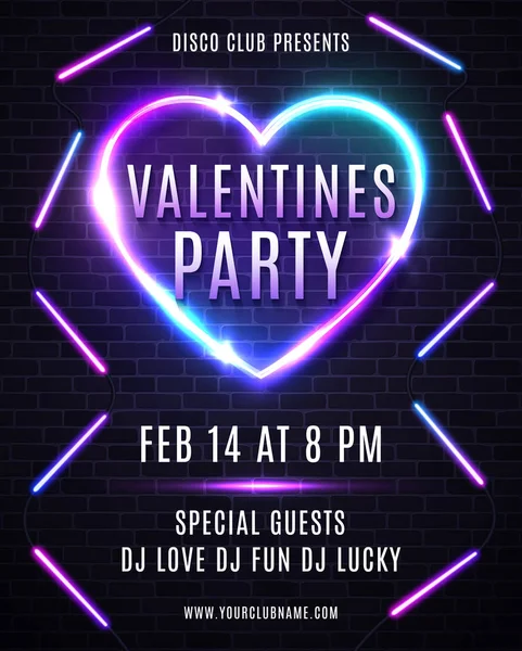 Valentines Day party design for flyers, posters or banners. Abstract background with neon light heart. Dance party poster with glowing lines, highlight wireframe of heart. Bright vector illustration. — Stockový vektor