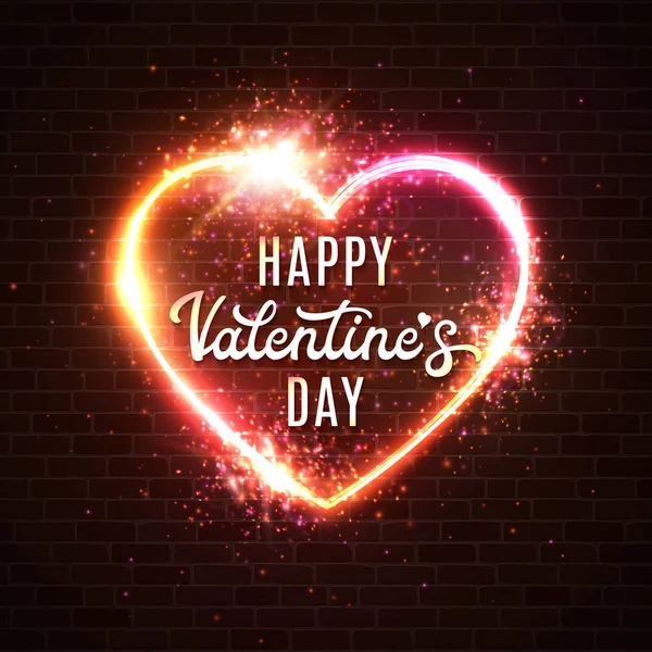 Neon znak jasne serca. Serce retro neon szyld z nadpisem tekst Happy Valentines Day na tle ciemnej czerwonej cegły. Element projektu dla Happy Valentines Day karty. Ilustracja wektorowa pozdrowienie — Wektor stockowy