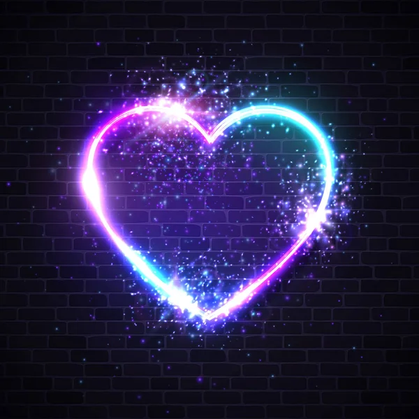 Valentines background with retro neon light heart sign. Led lamp border particles sparkles light flashes on dark brick wall. Valentines Day greeting card design element. Electric vector illustration. — Stock Vector