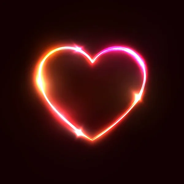 Hjärtat bakgrund. Halogen eller led ljus neonskylt på mörkröd. 3D geometriska hjärtformade ram. Glamour kärlek bakgrund. Elementet design för alla hjärtans dag kort, reklamblad, banner. Ljusa vektorillustration. — Stock vektor