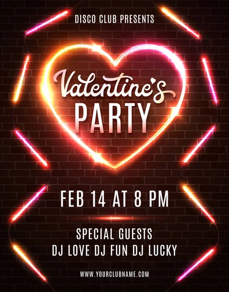 Valentines Day Party flyer design on dark red brick wall. Bright vector template of invitation, flyer, poster or greeting card. — Stock Vector