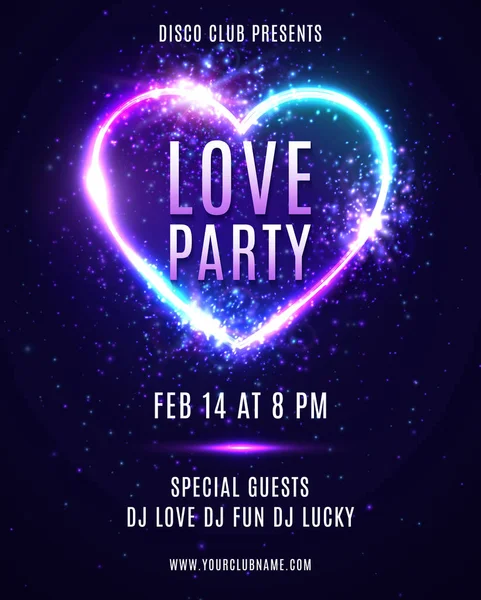 Valentines Day party design template for flyers banners. Abstract heart background with neon light. Dance Love party poster with electric heart shape frame. 80s style bright vector illustration. — Stock Vector