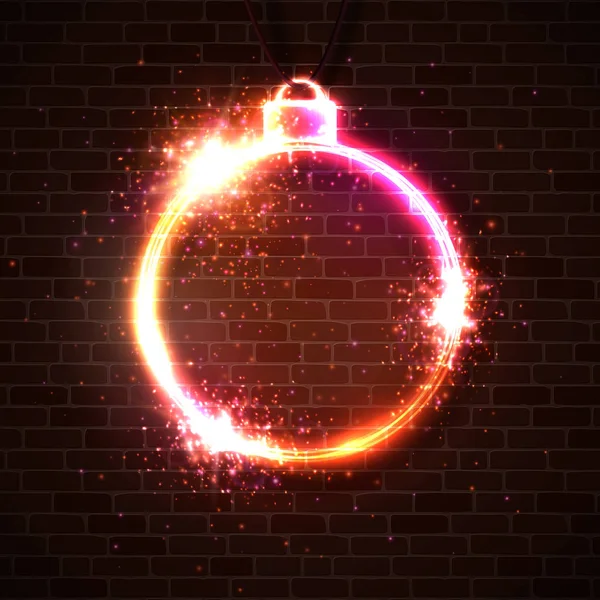 Neşeli Noel ve mutlu yeni yıl tebrik kartı şablonu. Neon tarzı tabela kırmızı tuğla duvar. Noel arka plan parlak işareti, parçacıklar. Neon ışık afiş. Parlak Xmas vektör çizim — Stok Vektör