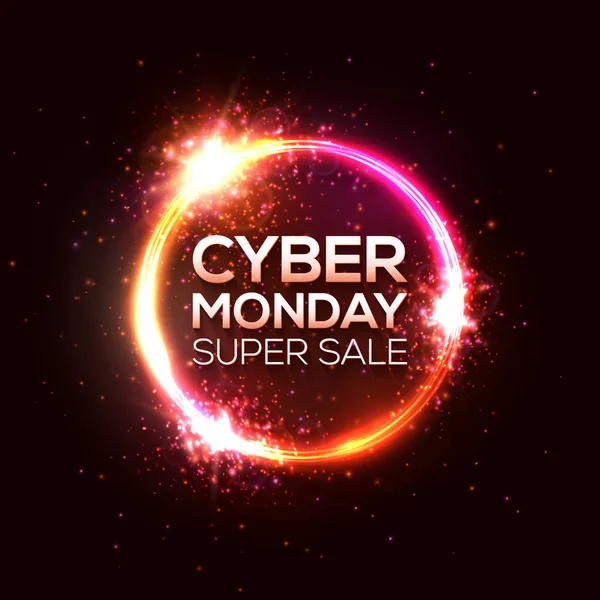 Cyber Monday super venta. Diseño de tarjeta de descuento en estilo neón. Compras en línea, concepto de marketing. Forma redonda venta banner vector ilustración. Letrero de círculo luminoso. Fondo brillante de la publicidad . — Vector de stock