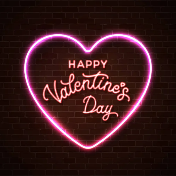 Happy Valentines Day script belettering inscriptie. Baksteen hart achtergrond. Hand belettering wenskaart. Moderne kalligrafie voor Valentijnsdag ontwerp. Lichtreclame. Heldere vector abstracte illustratie. — Stockvector