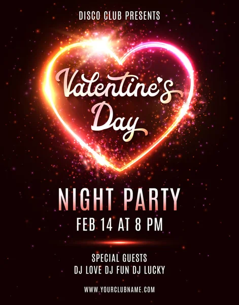 Valentines Day Party poster or flyer design template on dark red background. Electric wire heart frame. 80s style night club disco music dance event. Bright retro neon vector invitation illustration. — Stock Vector