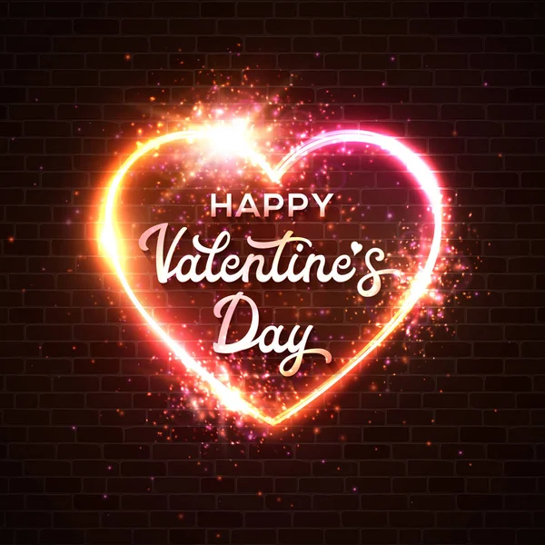 Happy Valentines Day card. Script lettering inscription. Hand lettering heart background. Modern calligraphy design. Valentine day love beautiful neon sign. Brick wall vector abstract illustration. — Stock Vector