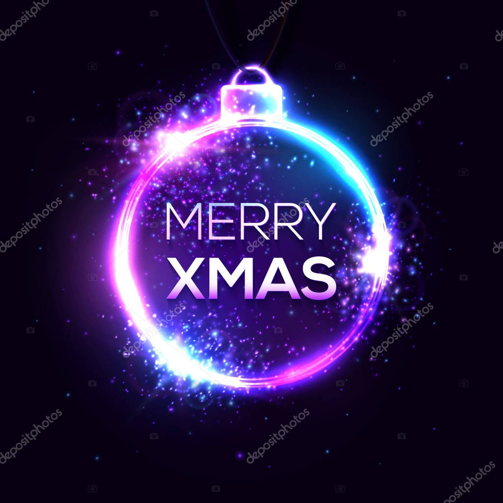 Merry Xmas background. Electricity abstract neon sign, light banner bright light signboard. Christmas logo. Greeting card with neon text. New Year, Christmas decoration shape frame vector illustration
