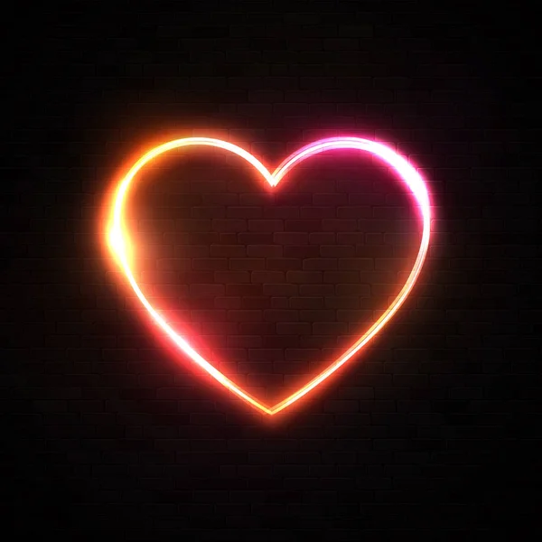 Néon 80s style coeurs fond. Lumineux cadre de technologie de lampe led électrique. Logo romantique d'amour concept. Espace de texte vide. Signe lumineux de coeur sur mur de briques noir foncé Illustration vectorielle de couleur rouge — Image vectorielle