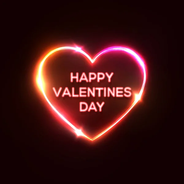 Happy Valentines Day tekst in hartvormige Neon Sign. Heldere wenskaart ontwerp op donkerrode nacht achtergrond. Decoratieve elektrische LED licht lamp banner. Kleur vector illustratie in Retro 80s stijl. — Stockvector