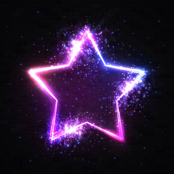 Fondo de estrellas en la pared de ladrillo negro. Signo de neón aislado realista con partículas chispean explosión de destello de luz para la decoración y el cubrimiento sobre fondo oscuro. 3d brillante 80 estilo vector ilustración — Vector de stock