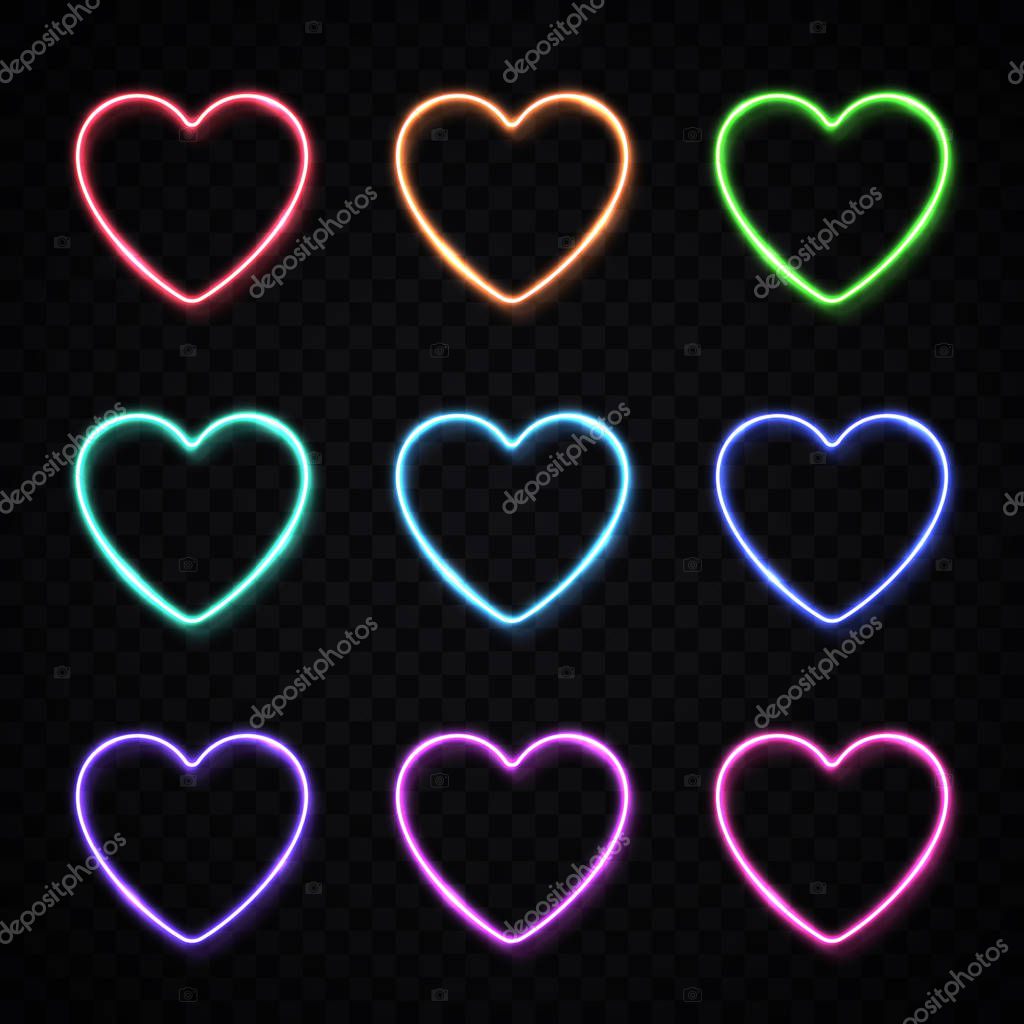 Glowing heart shape borders set on transparent background. Colorful hearts collection in modern neon style. Bright vector illustration for banners flyers cover logo design.