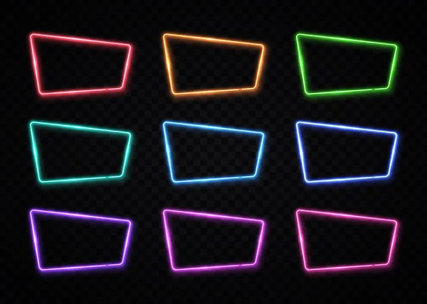 Collezione di insegne al neon di forma quadrata. Modello di set di colori vuoti. Night club, bar, show, elemento di design del gioco. Illustrazione vettoriale stile anni '80 . — Vettoriale Stock