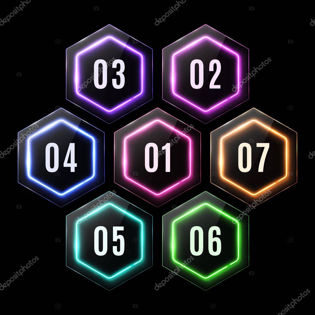 Colorful glossy plastic neon hexagon banners set. Glowing led polygon logo for business infographic. Elements for infographics template, information design. Glass texture buttons vector illustration.
