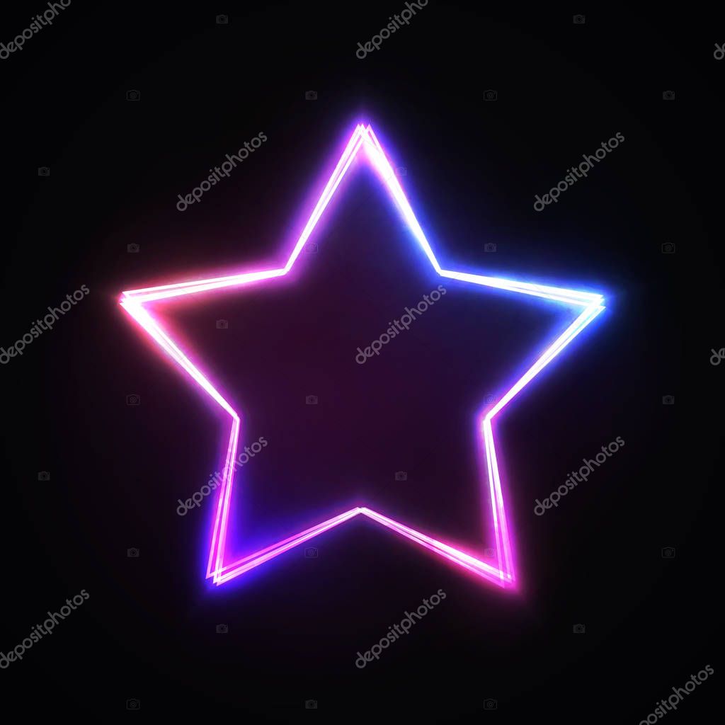Neon light star sign. Blue pink violet glowing colorful signage isolated on dark background. Element design for banner flyer decoration covering. Electric shiny logo. Magic bright vector illustration.