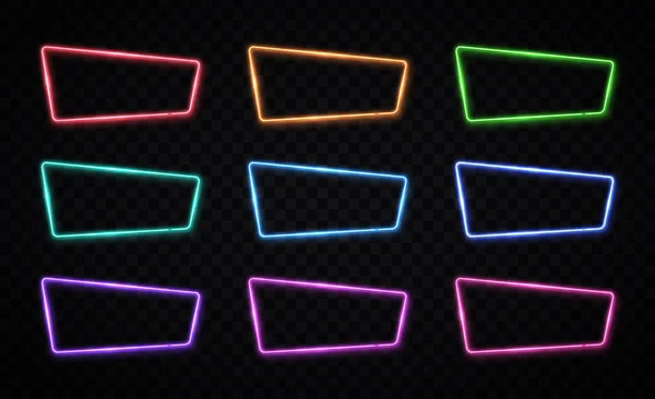 Färg Neon ramar inställd på transparent bakgrund. Lysande rektangel skyltar samling. Glänsande LED eller Halogenlampans kant. Bright futuristiska vektor illustration för banner Flyer dekoration presentation. — Stock vektor