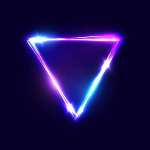 三角形の背景。青とピンクの光の効果と輝くネオンサイン。レトロな80年代スタイルのレーザーは、あなたのテキストビジネスプレゼンテーションのためのスペースと境界線を輝きます。照らされた明るいベクトルのイラスト. — ストックベクタ