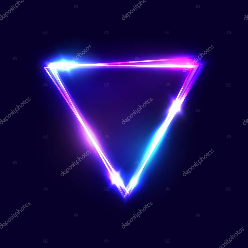 Triangle background. Glowing neon sign with blue and pink light effects. Retro 80s style laser shining border with space for your text business presentations. Illuminated bright vector illustration.