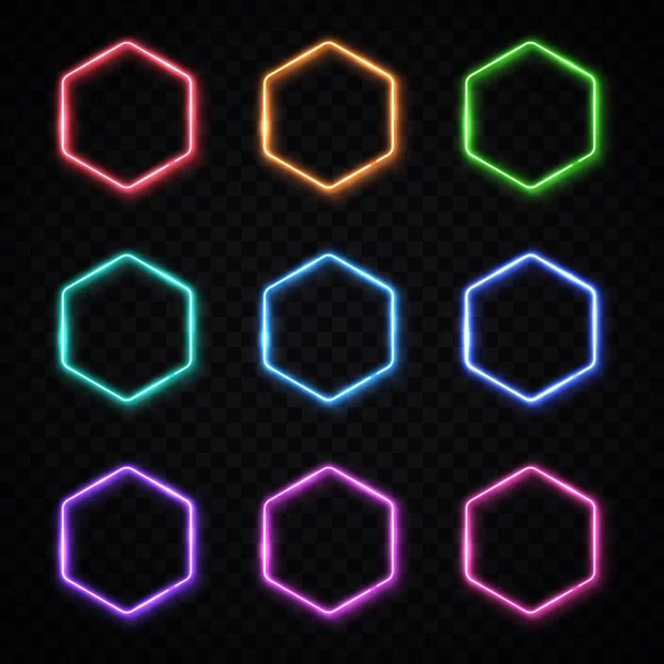 Hexagon neon banners set. Glowing electric borders collection. Hexagonal light signs with blank text space. Electric led lamp bright frame on transparent background. Vintage design vector illustration — Stockový vektor