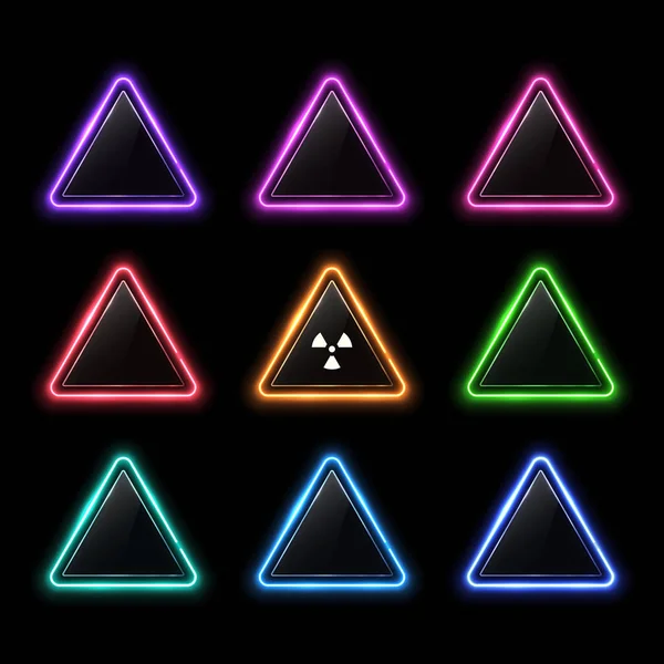 Ensemble lumineux et coloré de triangle arrondi néon sur fond noir. Cadre en polygone géométrique éclairé avec plaque brillante en verre ou en plastique avec symbole de rayonnement. Illustration vectorielle de lampe halogène ou led — Image vectorielle