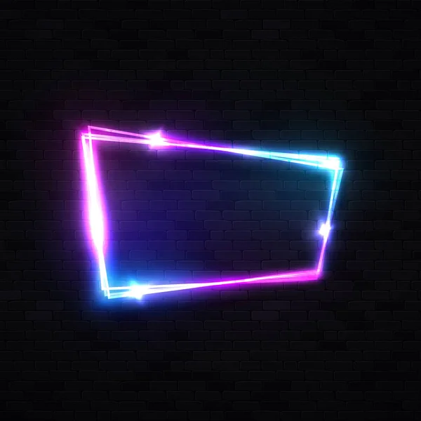 Un néon halogène. Cadre de lampe led brillant coloré. Bordure en forme de rectangle pour bar de boîte de nuit spectacle design rétro. Signalisation électrique sur fond mural en brique noire. Illustration vectorielle de bannière lumineuse . — Image vectorielle