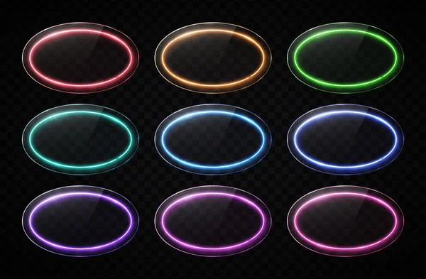 Oval neon luzes banners set. Molduras coloridas de tecnologia de lâmpada led ou halógena com fundo de textura de plástico ou vidro brilhante. Elementos de design com lugar de texto. Sinais elétricos brilhantes ilustração vetorial —  Vetores de Stock